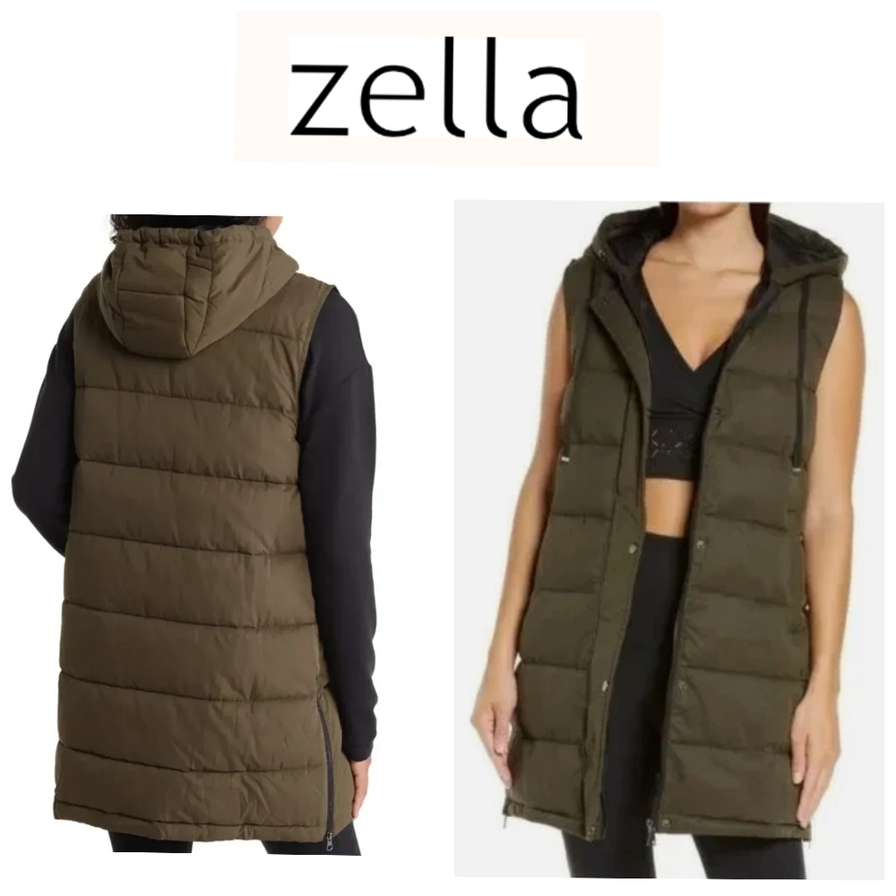 Zella Long Hooded Puffer Vest In Olive